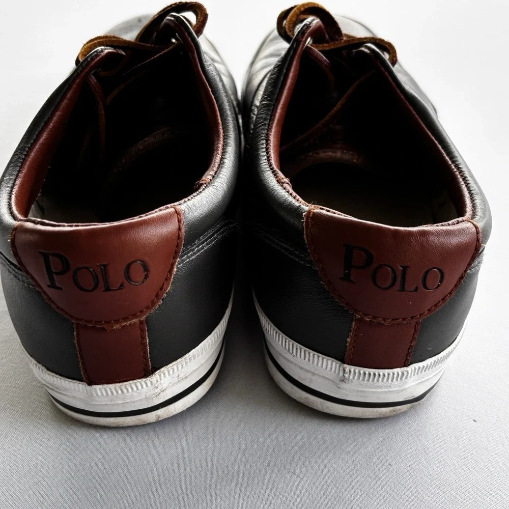 Polo Ralph Lauren Vaughn 9D Leather Sneakers Black Brown‎ Lace Up Shoes